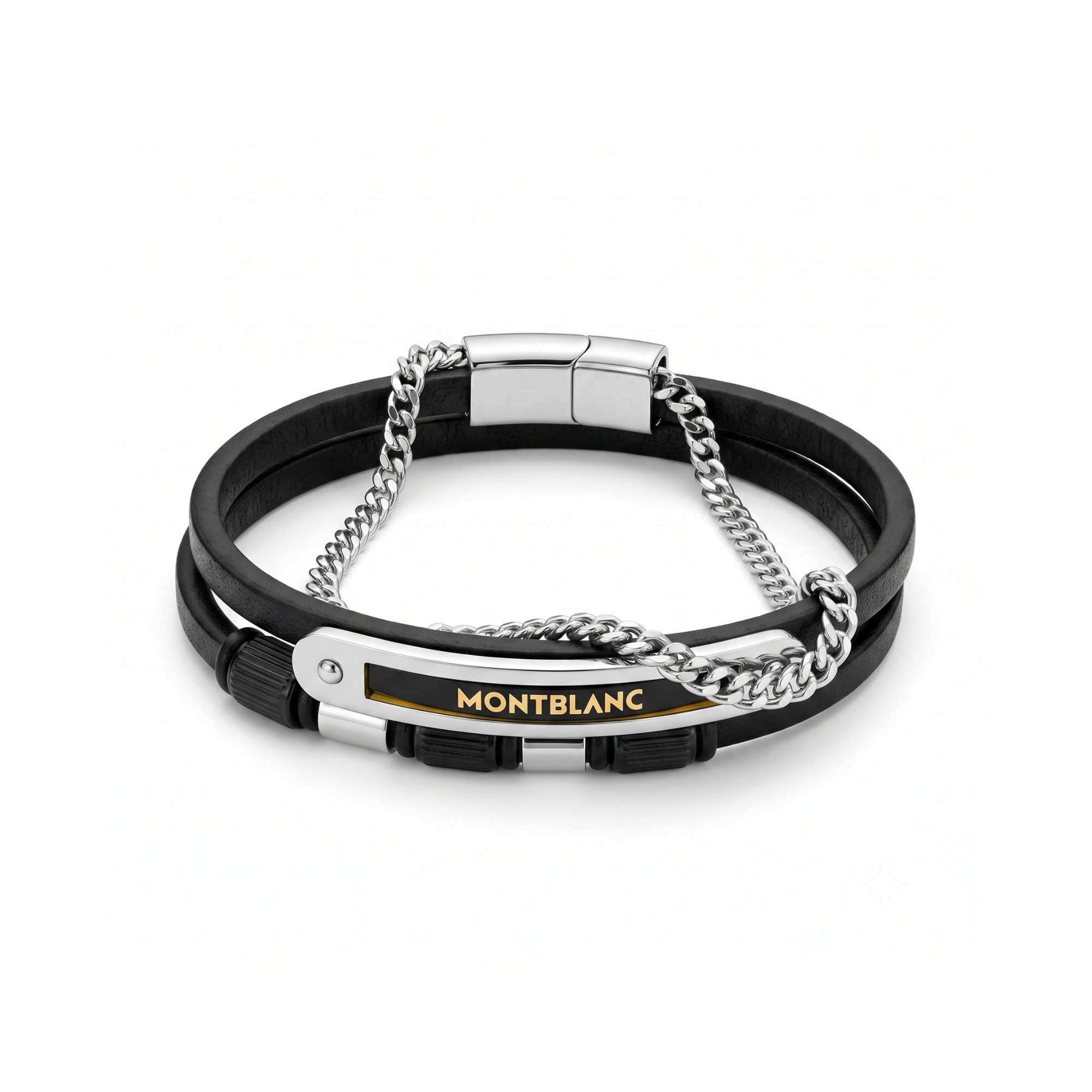 Pulsera multitira masculina de piel negra y acero 100% con adorno de cadena eslabonada y detalles grabados chapados en oro de 18K PVD.