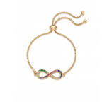 Pulsera ajustable de acero bañada en oro de 18K PVD con símbolo infinito en pavé de circonitas de colores, hecha en España.