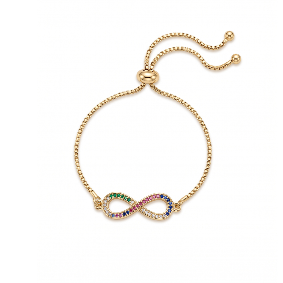 Pulsera ajustable de acero bañada en oro de 18K PVD con símbolo infinito en pavé de circonitas de colores, hecha en España.