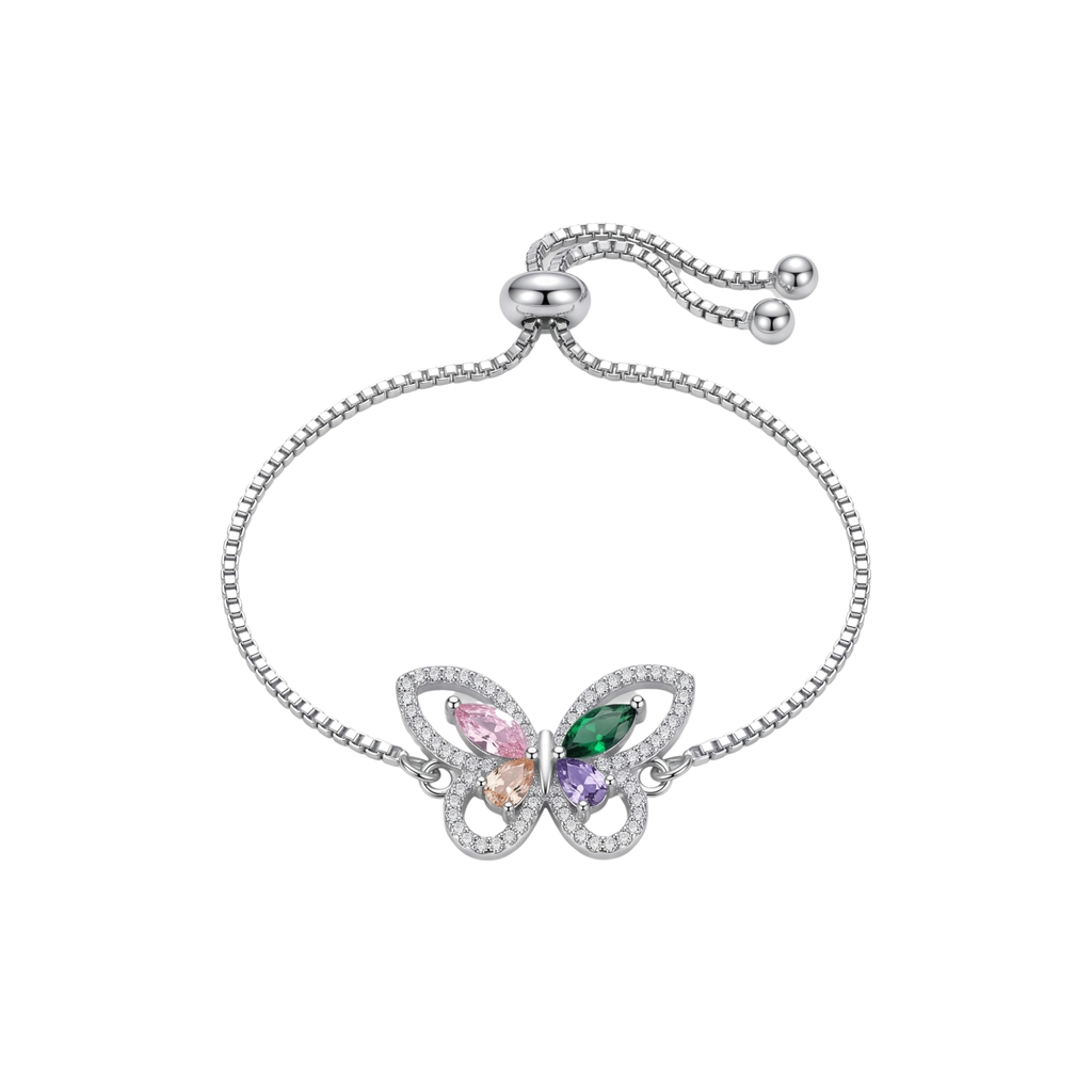 Pulsera ajustable de acero con baño de plata 925 PVD y dije de mariposa con circonitas multicolor hecha en España
