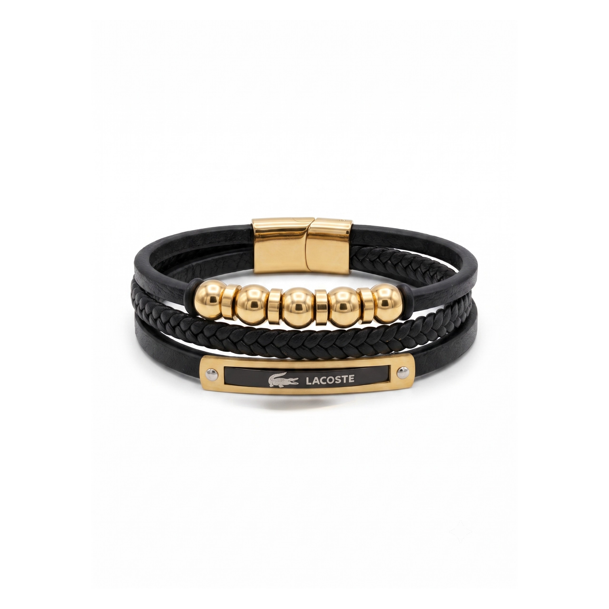 Pulsera multicapa de cuero negro trenzado con cuentas y placa de acero bañado en oro de 18k PVD.