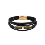 Pulsera multicapa de cuero negro trenzado con placa central y cierre magnético de acero bañado en oro de 18k PVD.