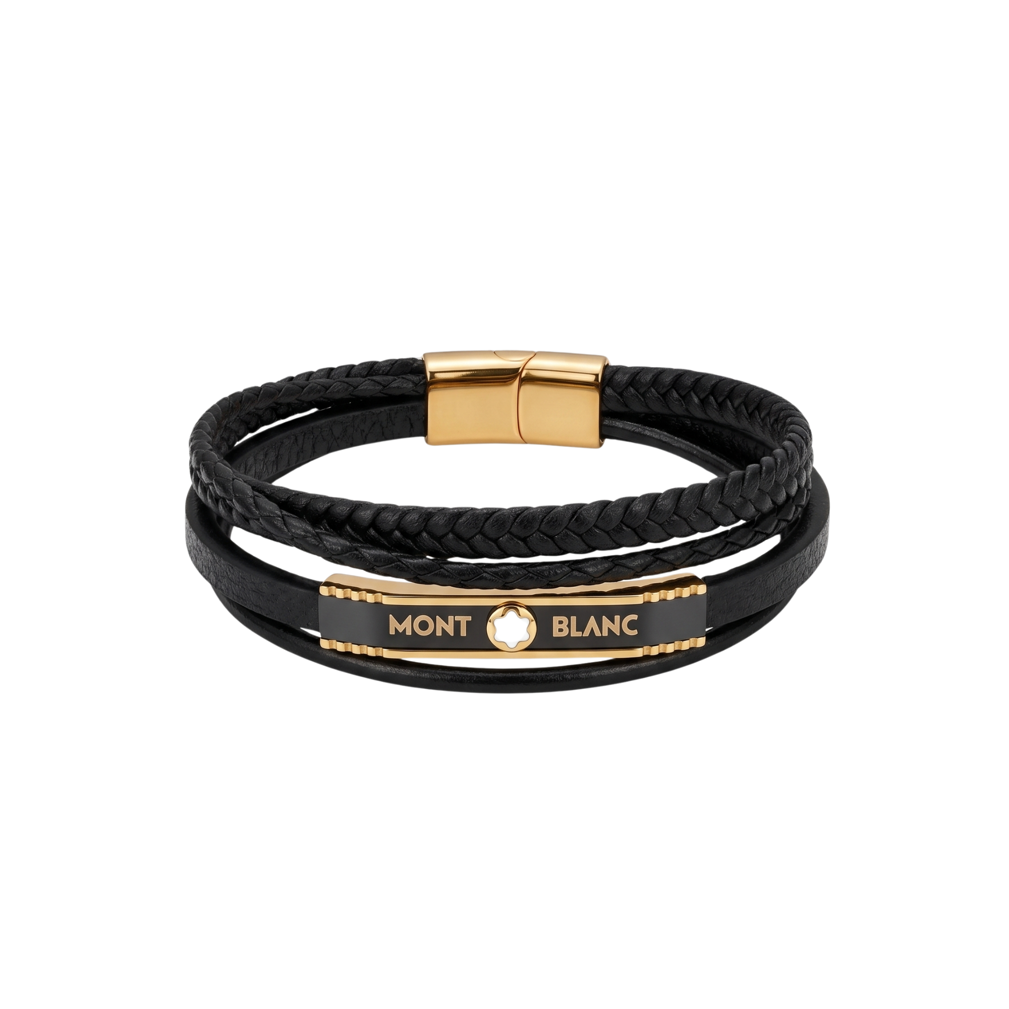 Pulsera multicapa de cuero negro trenzado con placa central y cierre magnético de acero bañado en oro de 18k PVD.