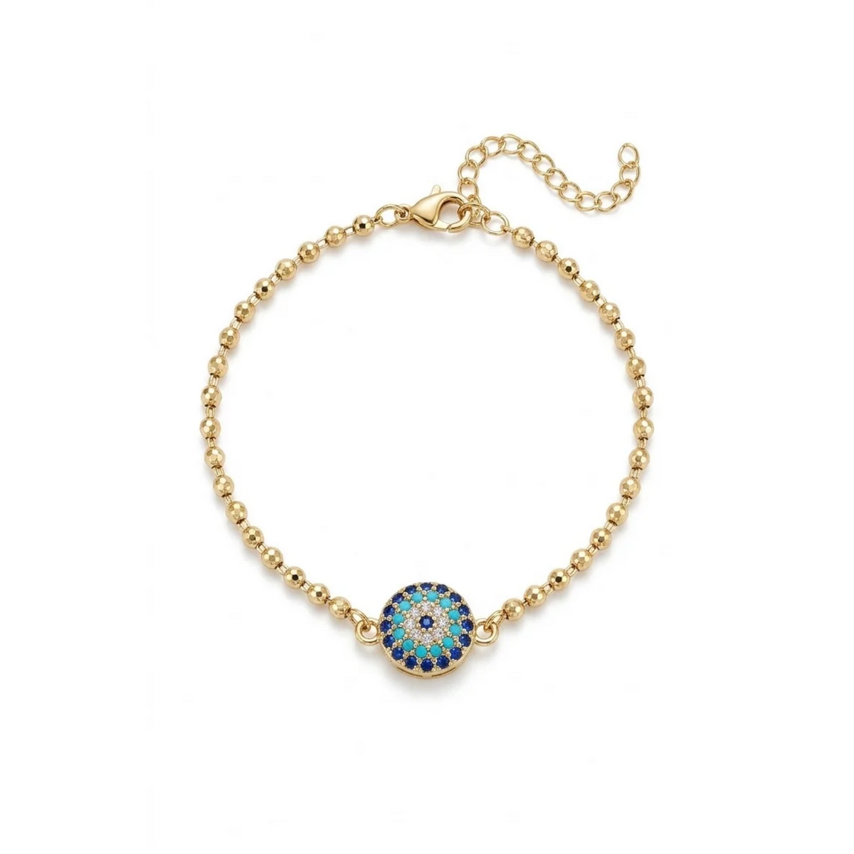 Pulsera de esferas doradas bañada en oro de 18k PVD con medallón de ojo turco en circones azules y turquesas, hecha en España.