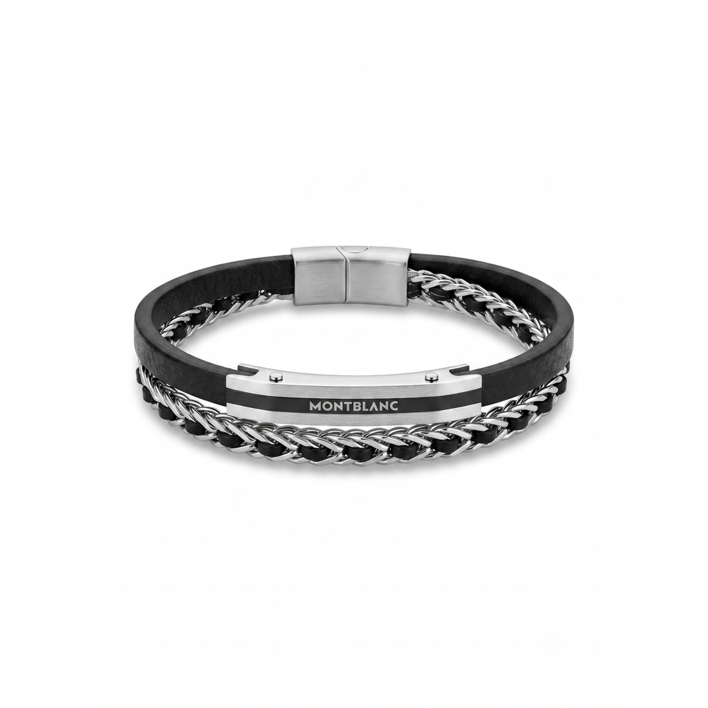 Pulsera multitira para hombre de piel negra y acero 100% inoxidable con detalles chapados en oro de 18K PVD y cierre magnético.