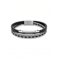 Pulsera multitira para hombre de piel negra y acero 100% inoxidable con detalles chapados en oro de 18K PVD y cierre magnético.