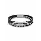 Pulsera multitira para hombre de piel negra y acero 100% inoxidable con detalles chapados en oro de 18K PVD y cierre magnético.