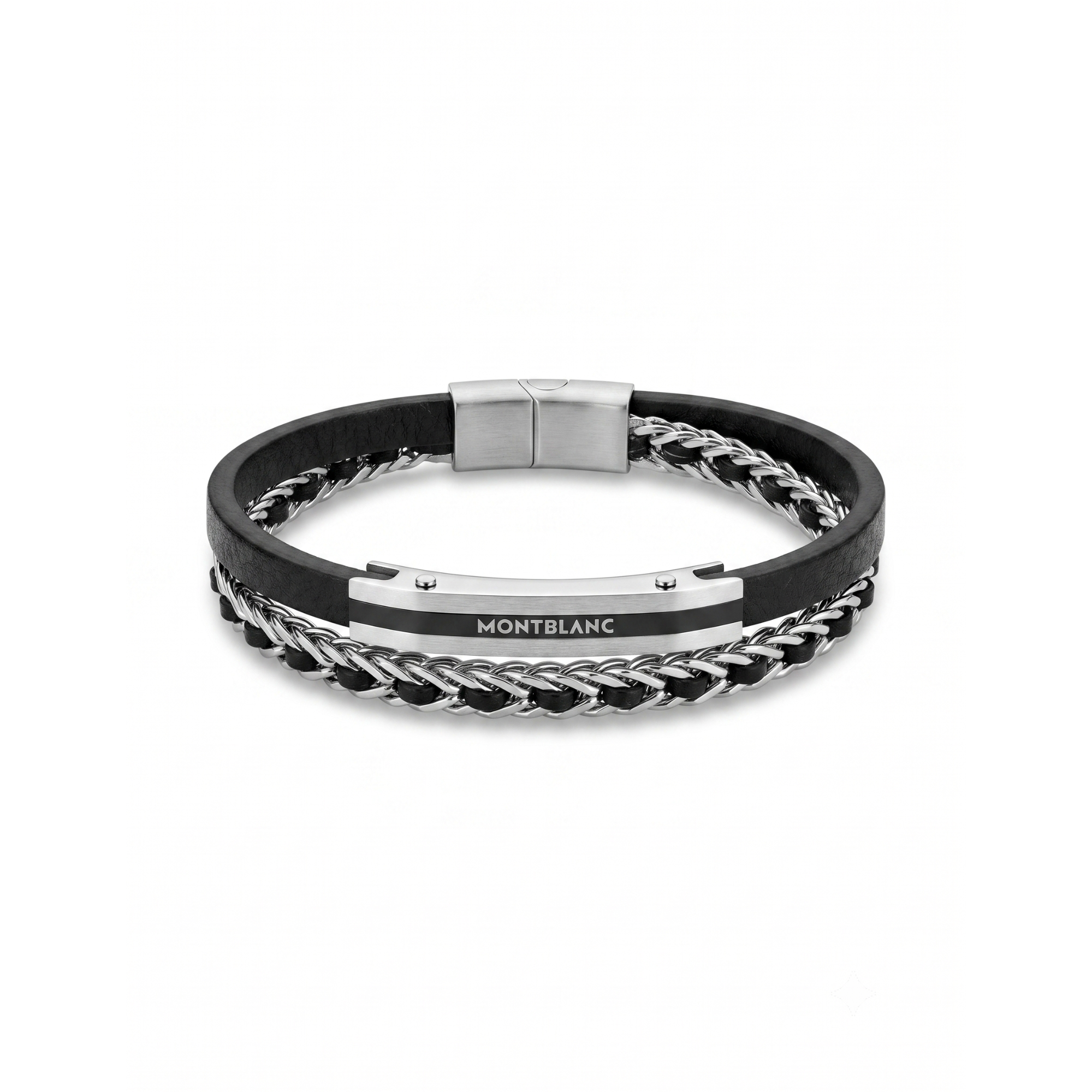 Pulsera multitira para hombre de piel negra y acero 100% inoxidable con detalles chapados en oro de 18K PVD y cierre magnético.