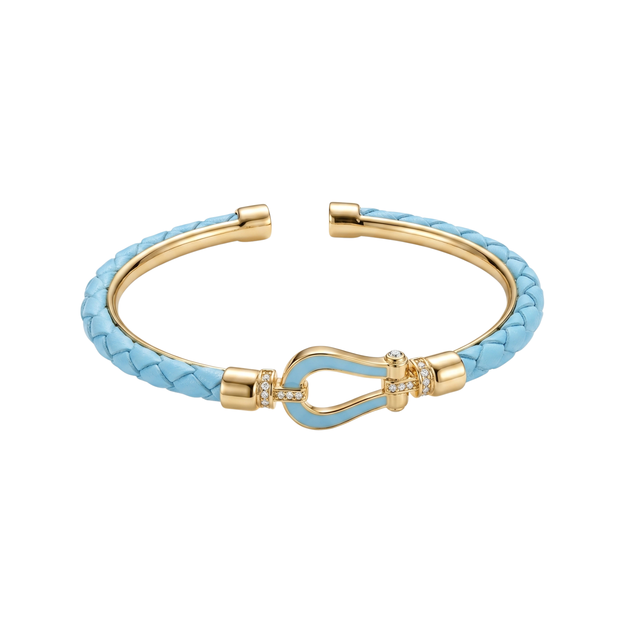 Pulsera rígida con baño de oro de 18K, trenzado azul cielo y cierre de herradura con circonitas, hecha en España.