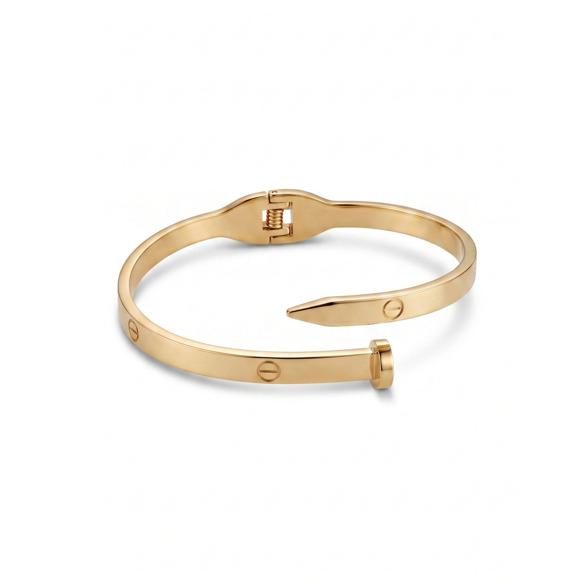 Pulsera rígida bangle con diseño de clavo y detalles grabados en acero inoxidable con baño de oro 18k hecha en España.