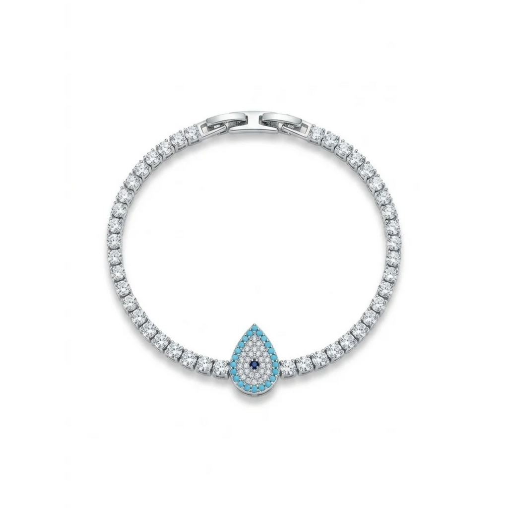 Pulsera tennis plateada con amuleto de ojo turco en forma de lágrima turquesa y circonitas, con laminado en oro premium 18K PVD hecho en España.