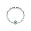 Pulsera tennis plateada con amuleto de ojo turco en forma de lágrima turquesa y circonitas, con laminado en oro premium 18K PVD hecho en España.