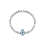 Pulsera tennis plateada con amuleto de ojo turco en forma de lágrima turquesa y circonitas, con laminado en oro premium 18K PVD hecho en España.