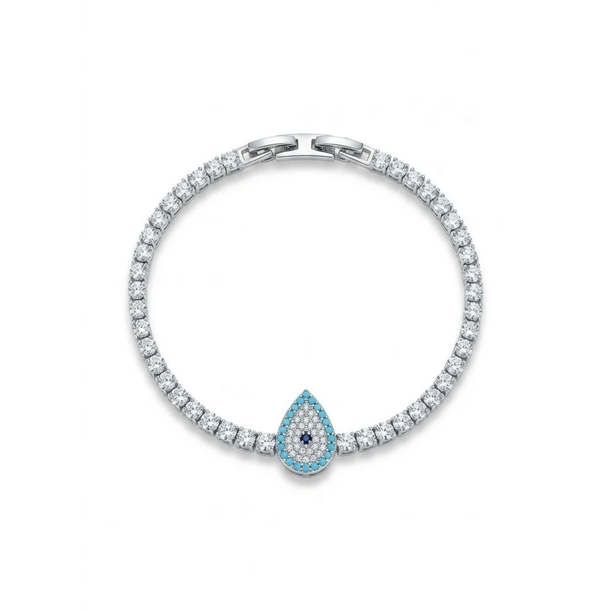 Pulsera tennis plateada con amuleto de ojo turco en forma de lágrima turquesa y circonitas, con laminado en oro premium 18K PVD hecho en España.