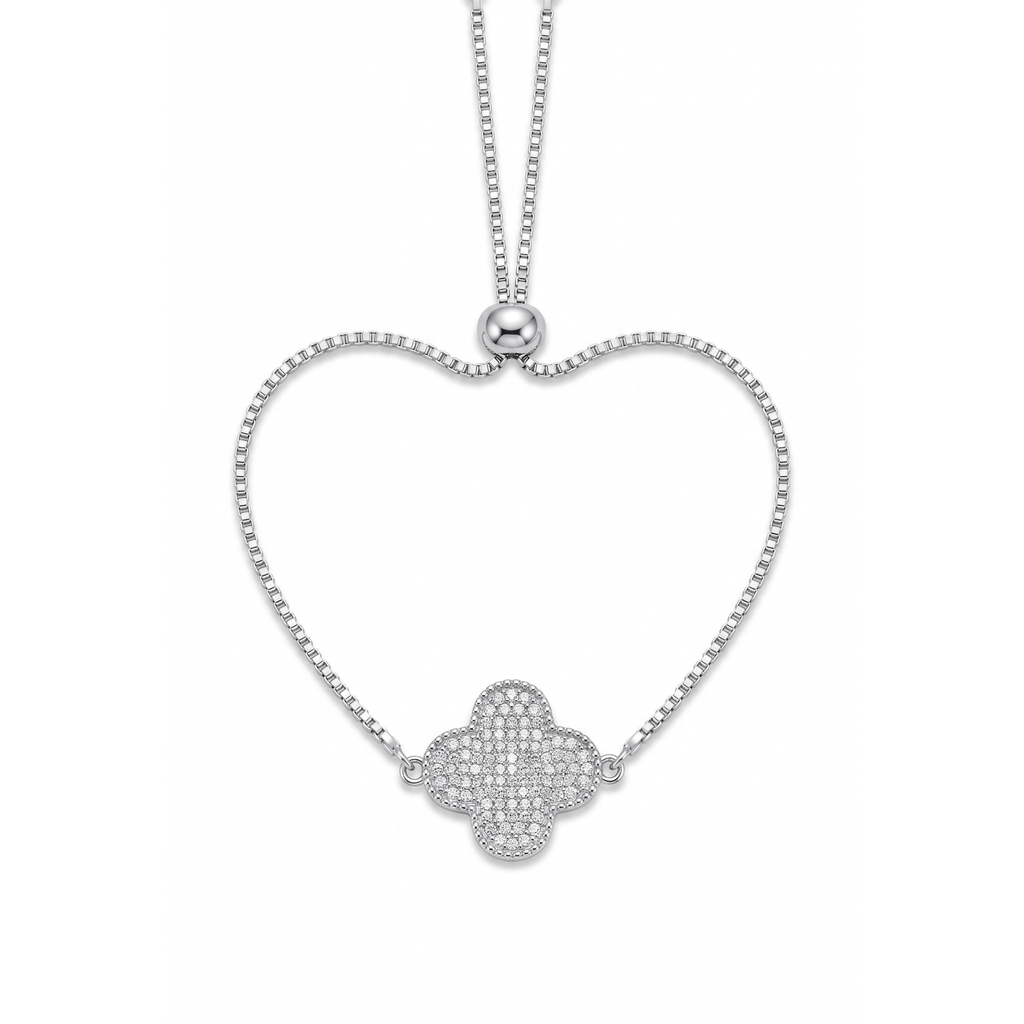 Pulsera ajustable de acero con baño de plata 925 PVD y dije de trébol en pavé de circonitas hecha en España