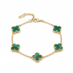 Pulsera de acero inoxidable 100% bañado en oro de 18k PVD con cinco motivos de trébol en piedra verde malaquita, hecha en España.
