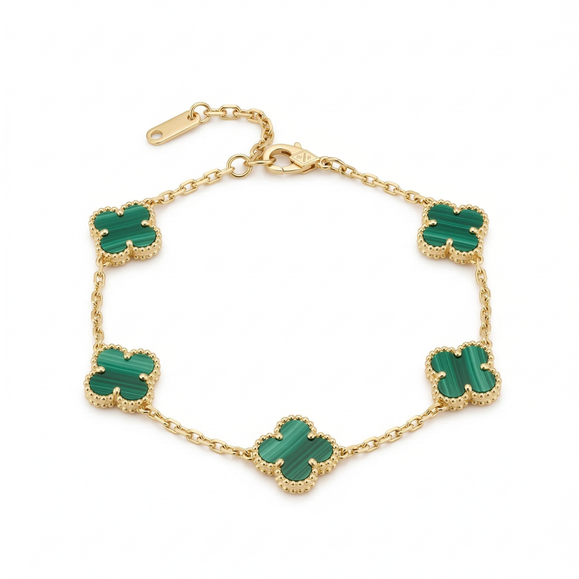 Pulsera de acero inoxidable 100% bañado en oro de 18k PVD con cinco motivos de trébol en piedra verde malaquita, hecha en España.