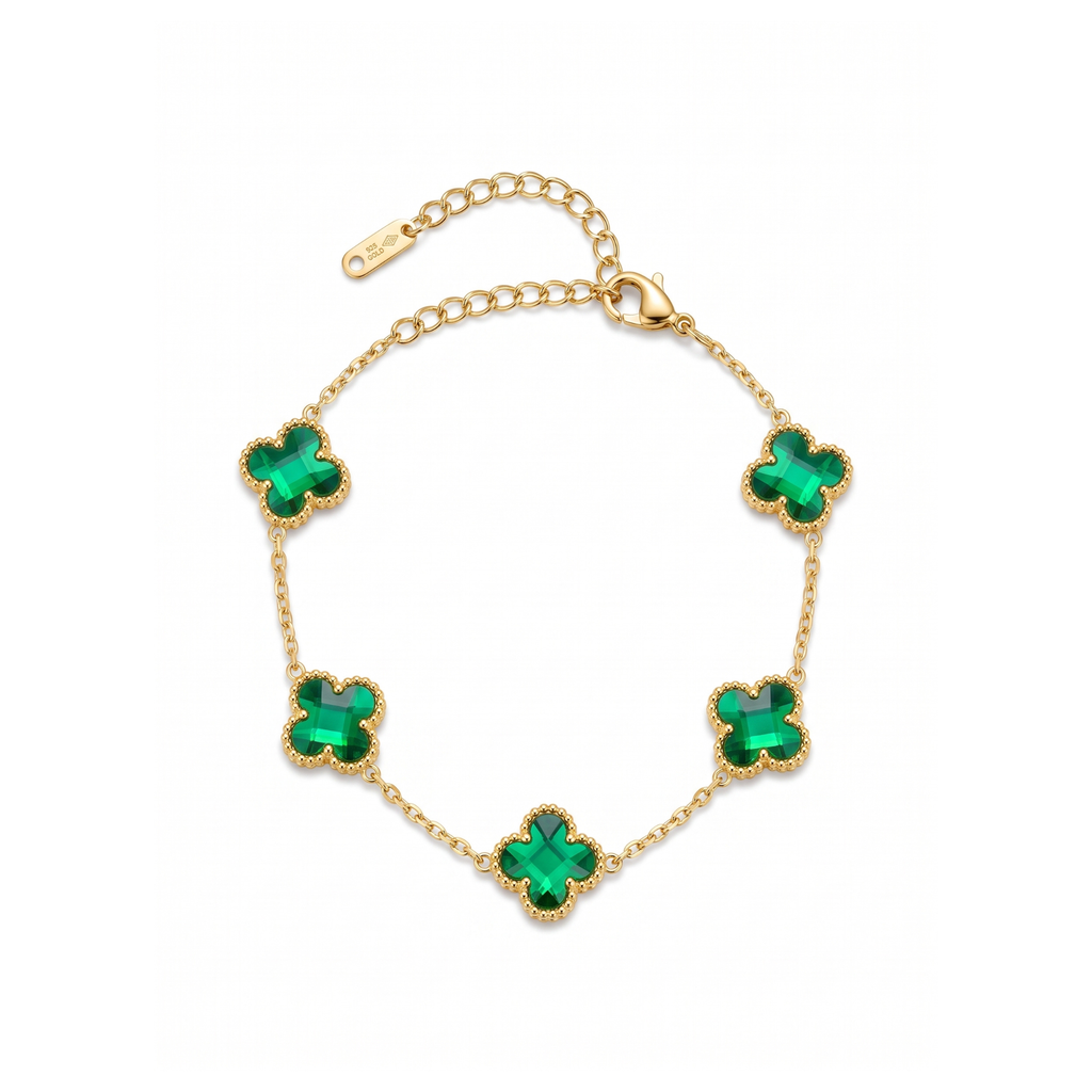 Pulsera de eslabones en acero bañada en oro de 18K PVD con cinco tréboles verde esmeralda, hecha en España.