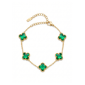 Pulsera de eslabones en acero bañada en oro de 18K PVD con cinco tréboles verde esmeralda, hecha en España.