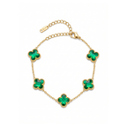 Pulsera de eslabones en acero bañada en oro de 18K PVD con cinco tréboles verde esmeralda, hecha en España.