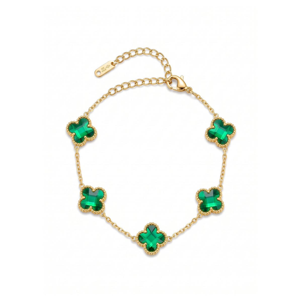 Pulsera de eslabones en acero bañada en oro de 18K PVD con cinco tréboles verde esmeralda, hecha en España.