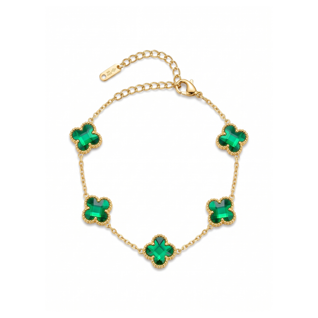 Bracelet Trèfle Émeraude Royale à Motifs Facettés