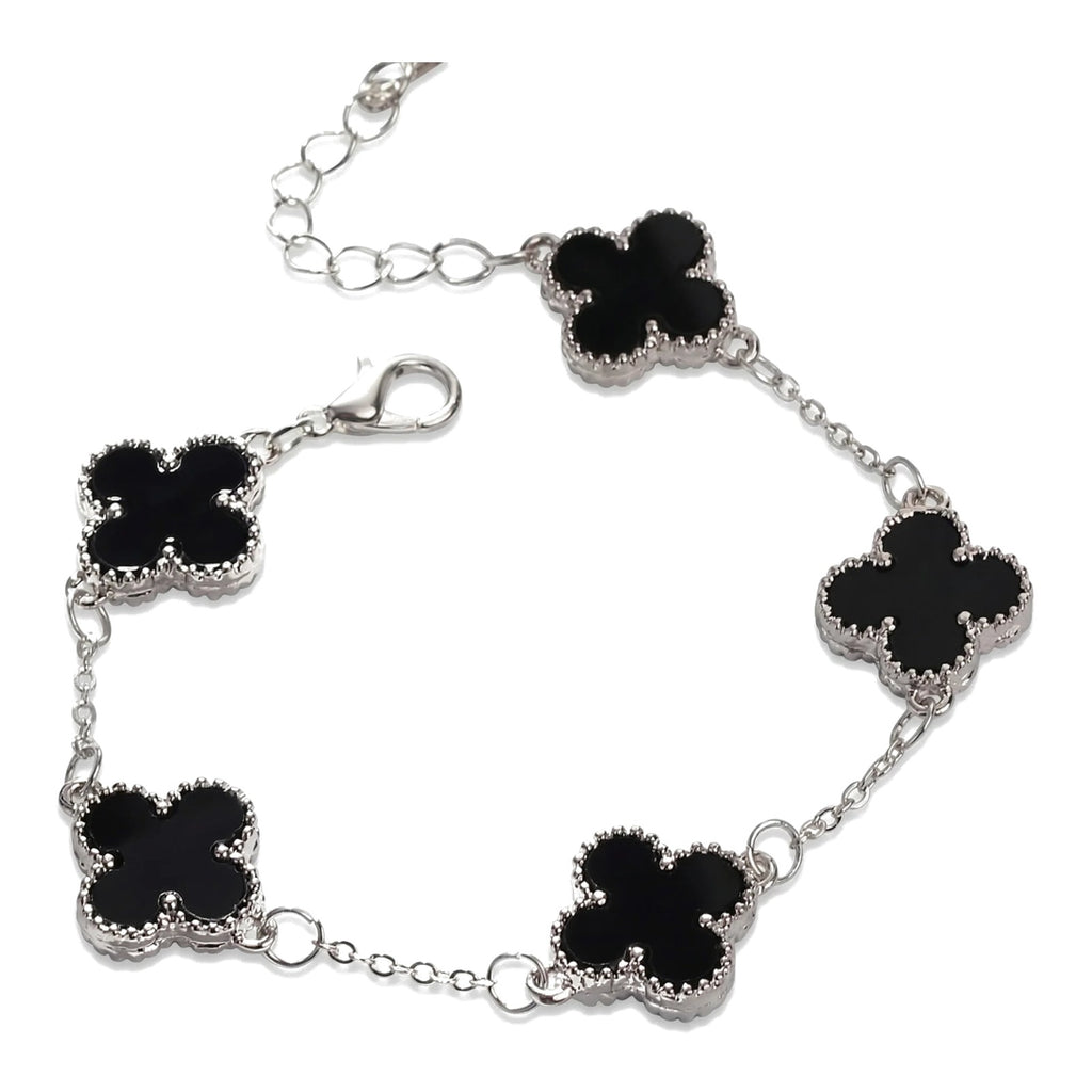 Pulsera Trèfle Signature negra con cadena plateada