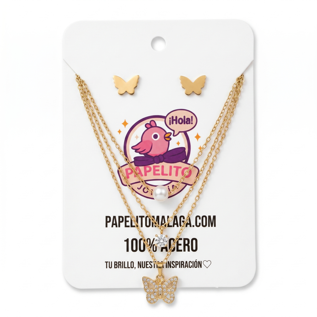 Set de joyas hecho en España de acero con baño de oro de 18K que incluye pendientes de mariposa y collar triple con dijes de perla, circonita y mariposa en pavé.