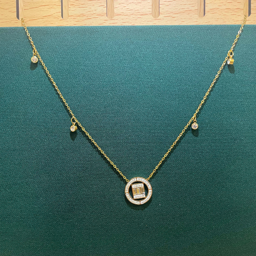 Circle Necklace with Zirconia Pendants - 100% 18K Gold Plated Steel