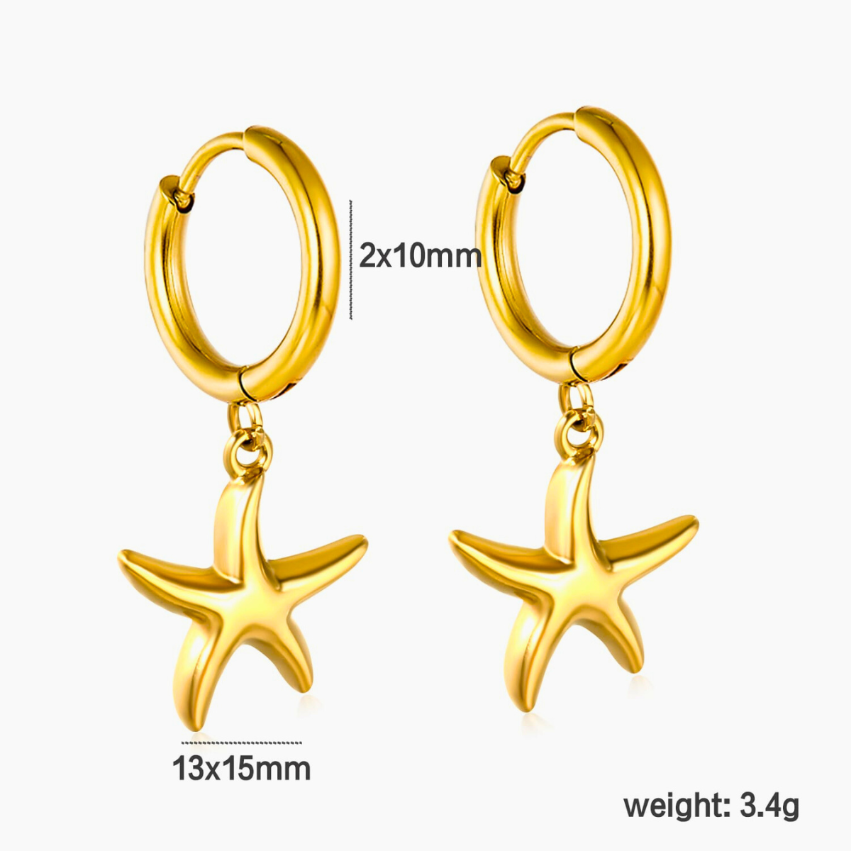 Pendientes de Aro Dorados con Colgante de Estrella (Diseño Estrellas de Mar) - 100% Acero Bañado en Oro 18K
