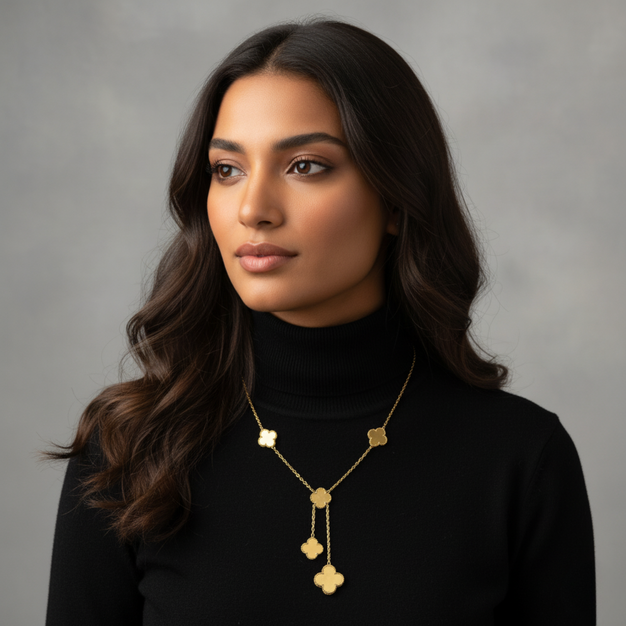 Collar Lariat de Tréboles Lisos 100% Acero Bañado en Oro 18K