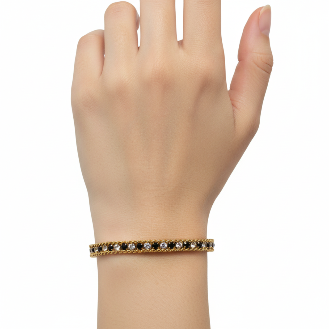 Pulsera Bicolor con Circonitas y Diseño Trenzado 100% Acero Bañado en Oro 18K
