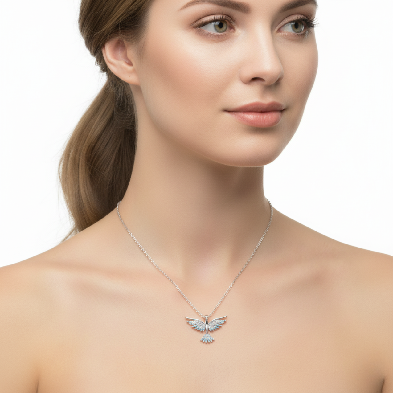 Collar de Paloma con Circonitas Turquesa 100% Acero Inoxidable Color Plata