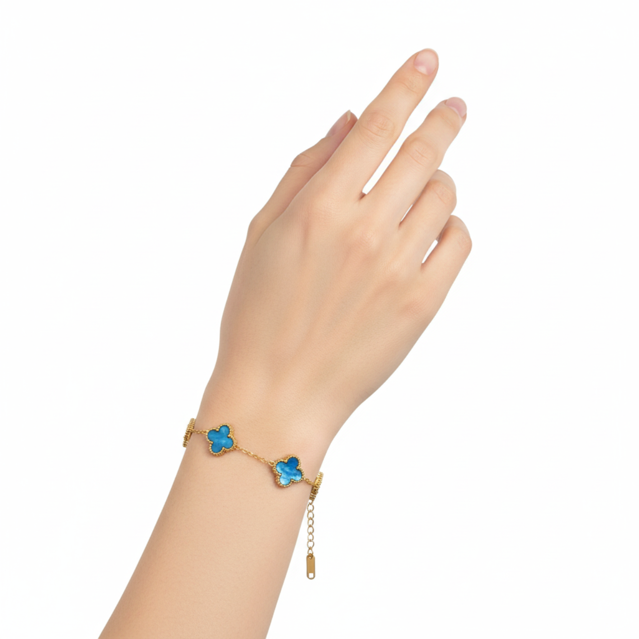 Pulsera de Trébol Azul Iridiscente 100% Acero Bañado en Oro 18K
