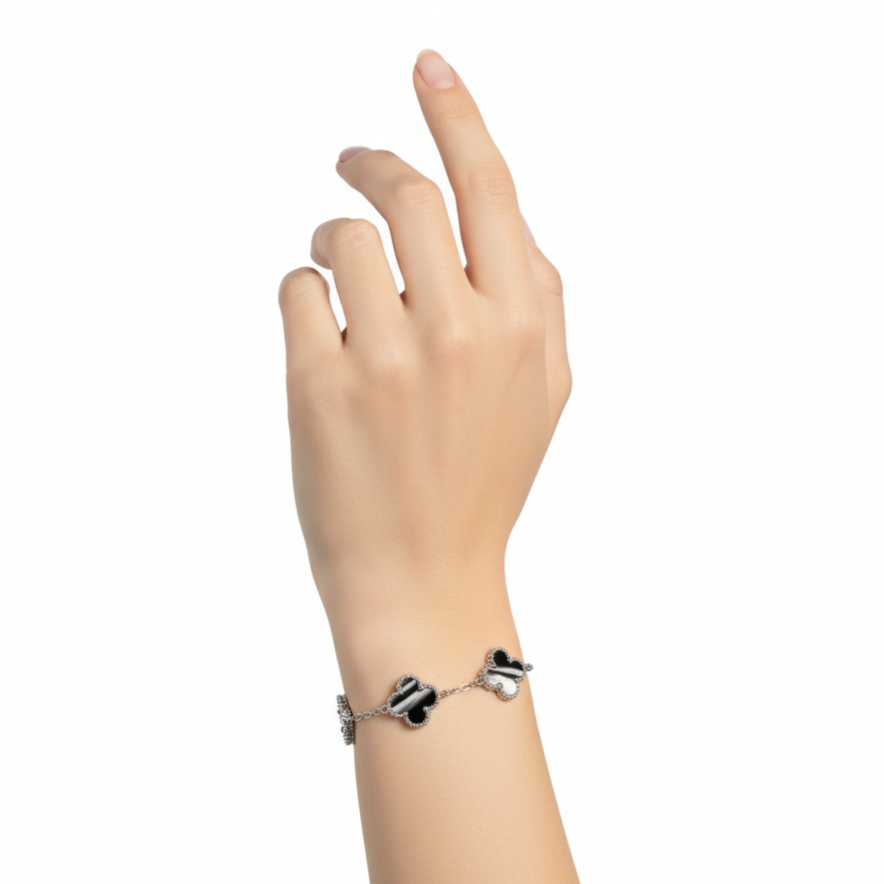 Pulsera de Trébol Diseño Mármol Blanco y Negro 100% Acero Inoxidable Color Plata