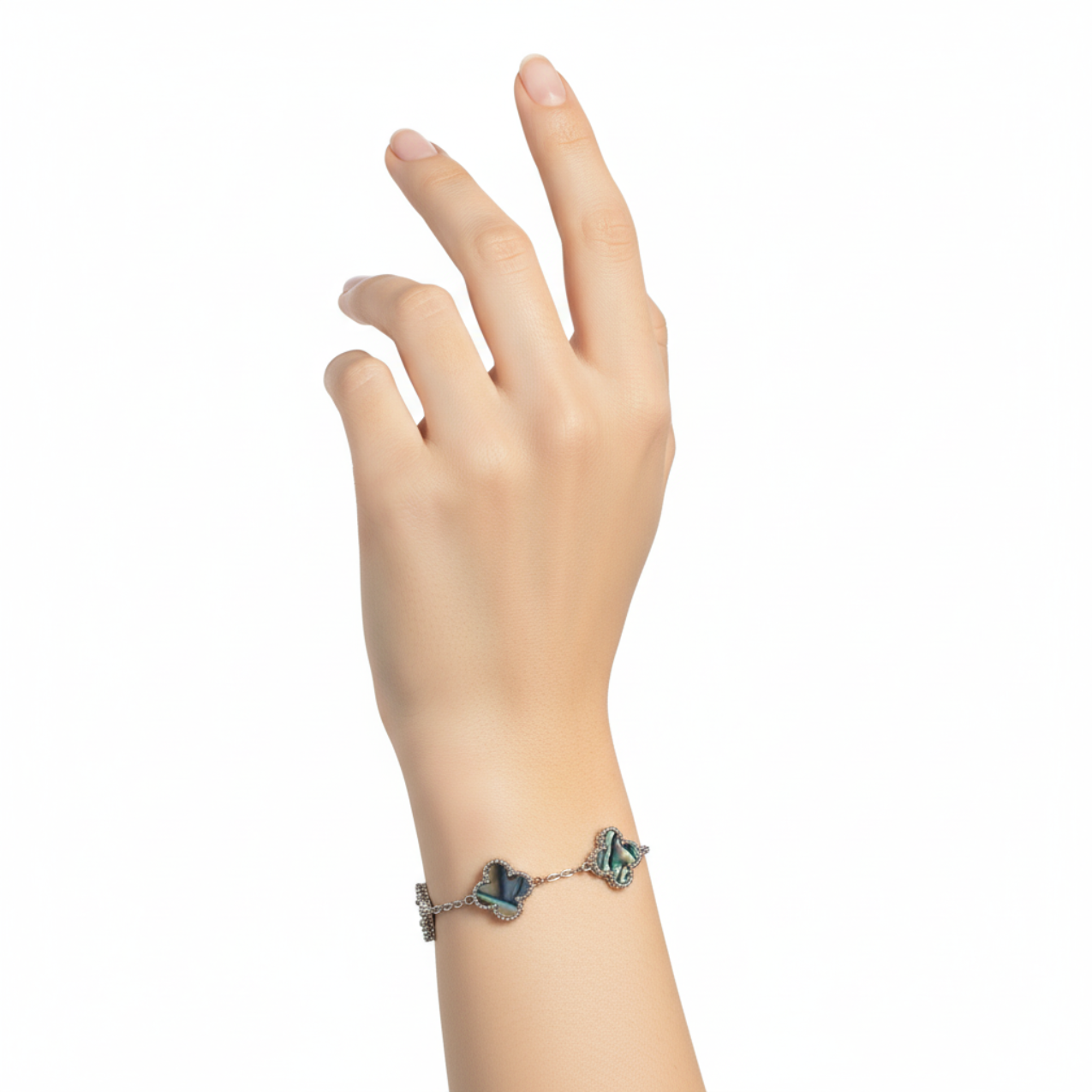 Pulsera de Trébol Nácar Iridiscente 100% Acero Inoxidable Color Plata