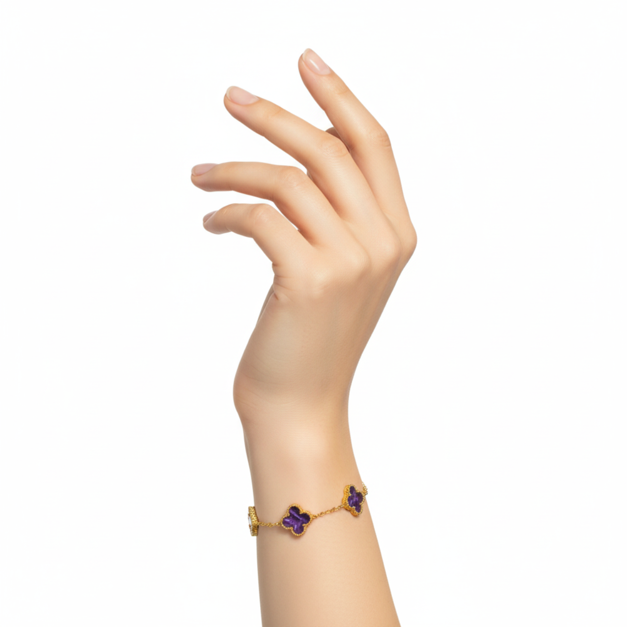Pulsera de Trébol Morado Jaspeado 100% Acero Bañado en Oro 18K