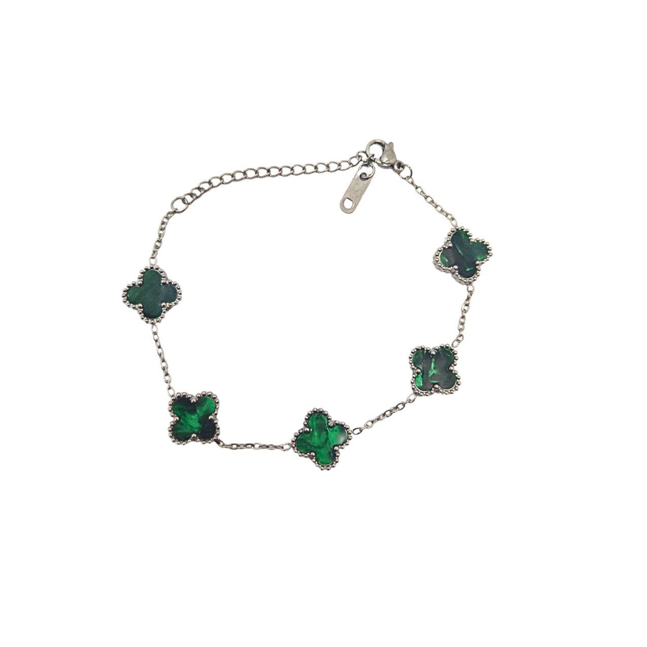 Pulsera de Trébol Verde Malaquita 100% Acero Inoxidable Color Plata