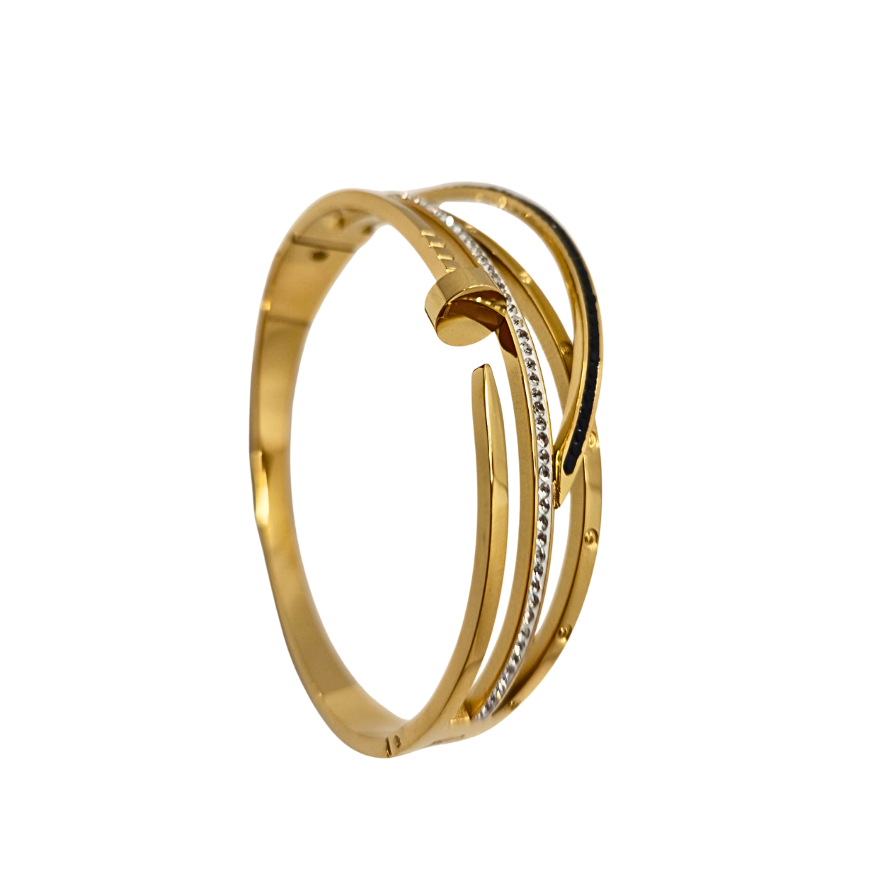 Pulsera Rígida Diseño Entrelazado con Clavo, Circonitas y Esmalte Negro 100% Acero Bañado en Oro 18K