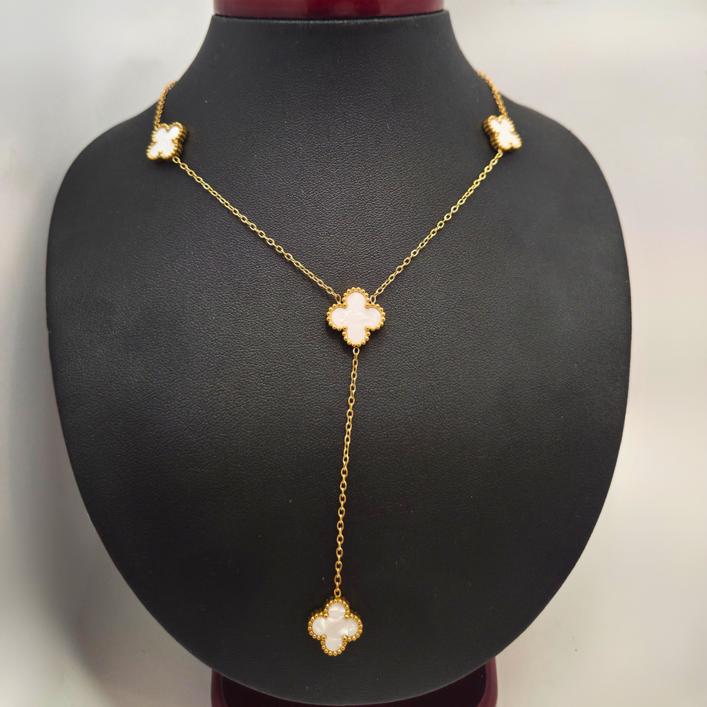 Conjunto de Joyería Trébol Blanco Nácar con Collar Y 100% Acero Bañado en Oro 18K