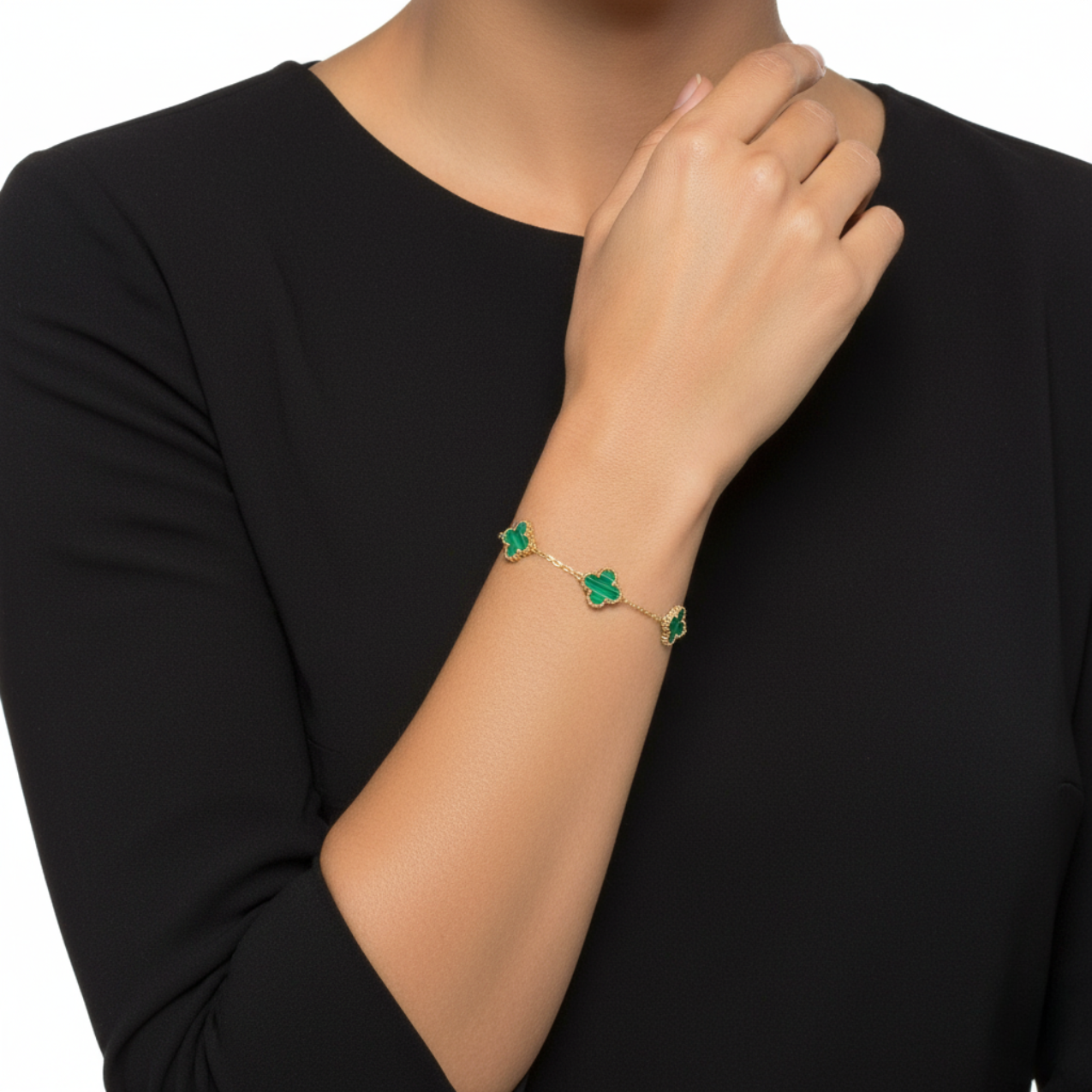 Conjunto de Joyería Tréboles Malaquita y Nácar 100% Acero Bañado en Oro 18K