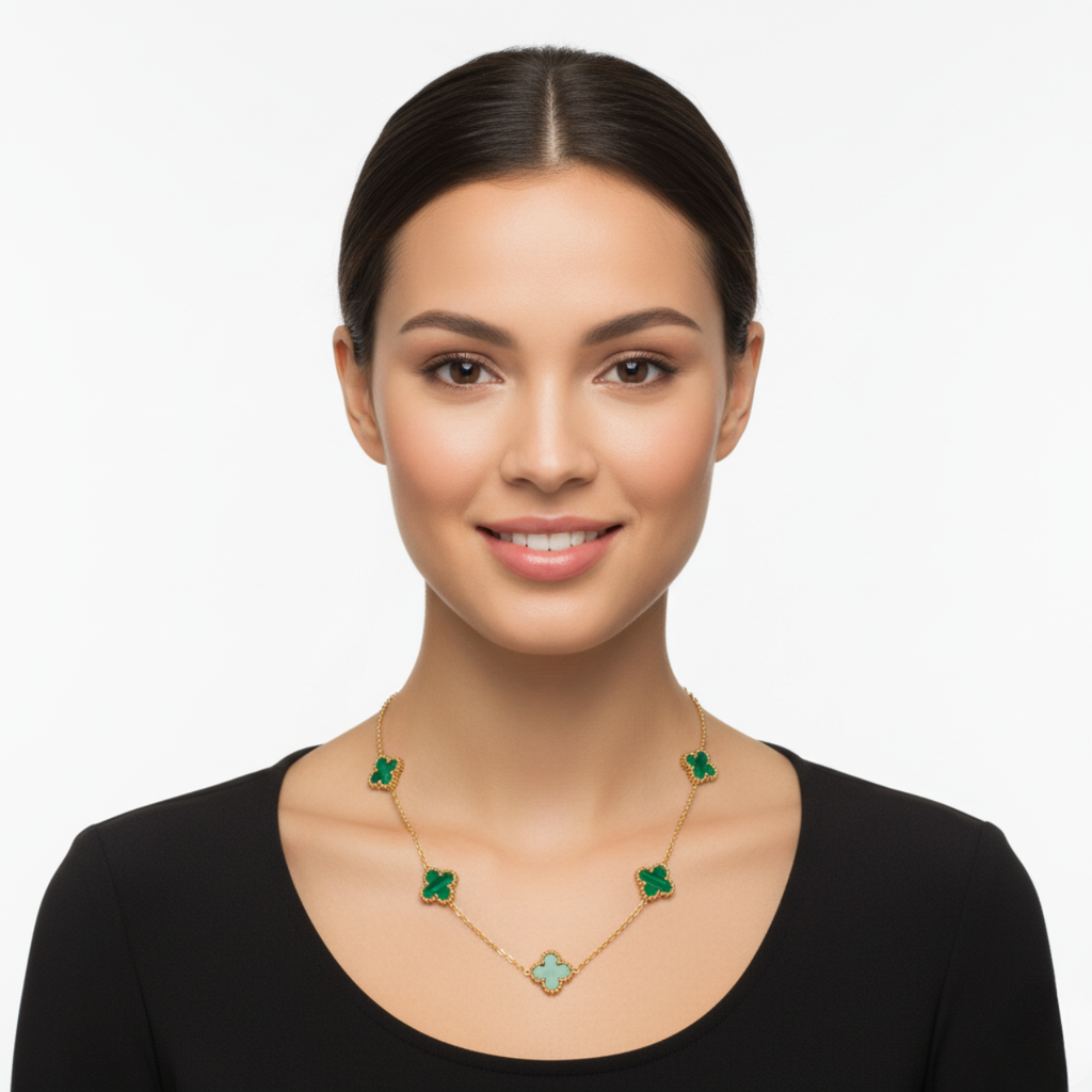 Conjunto de Joyería Tréboles Malaquita y Nácar 100% Acero Bañado en Oro 18K
