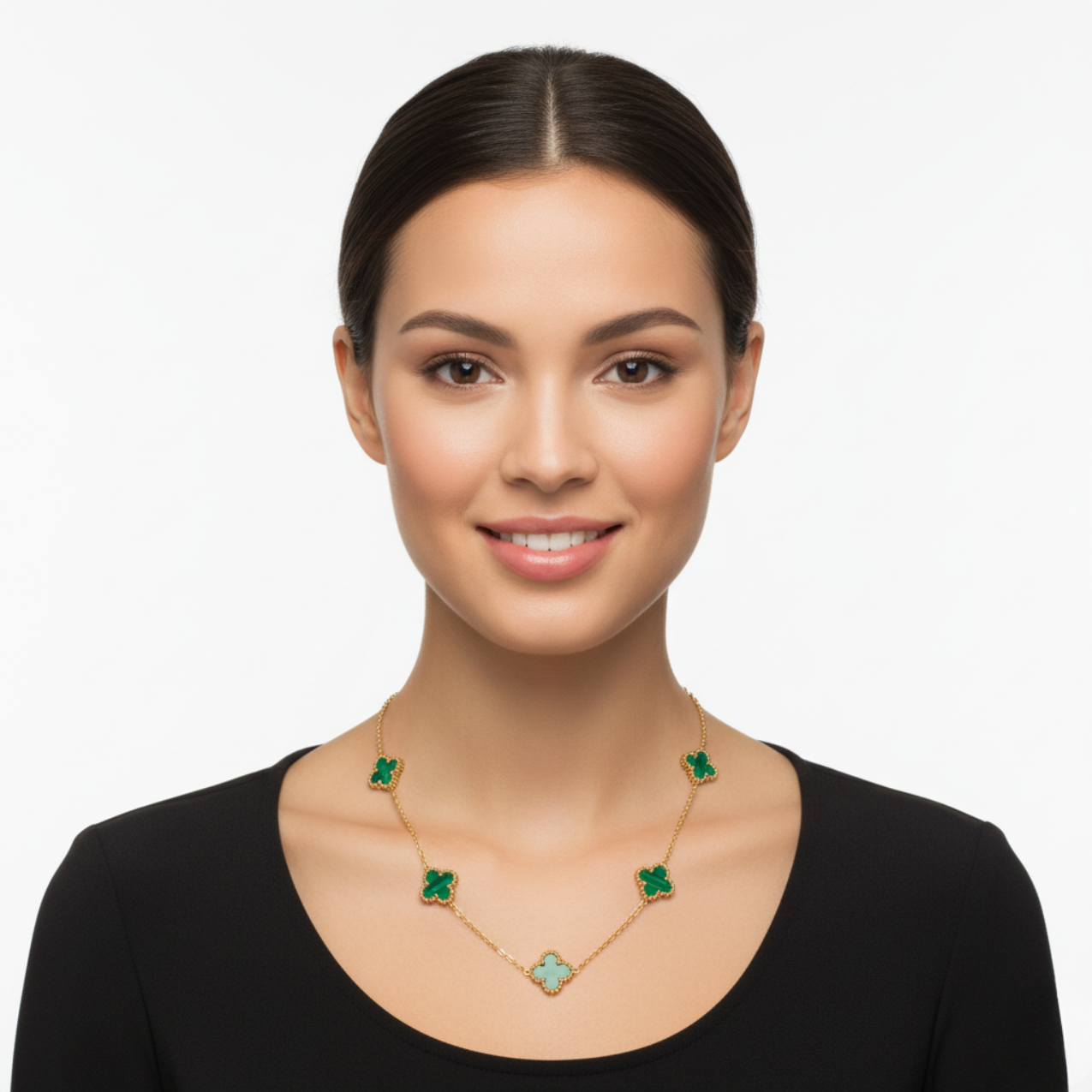 Conjunto de Joyería Tréboles Malaquita y Nácar 100% Acero Bañado en Oro 18K