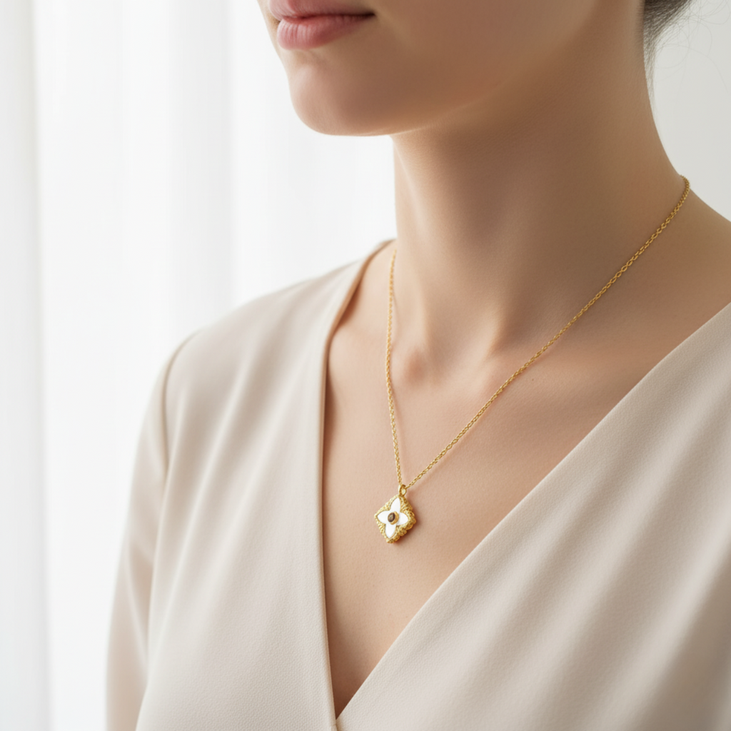 Collar Flor de Cuatro Pétalos con Nácar y Circonita Central 100% Acero Bañado en Oro 18K