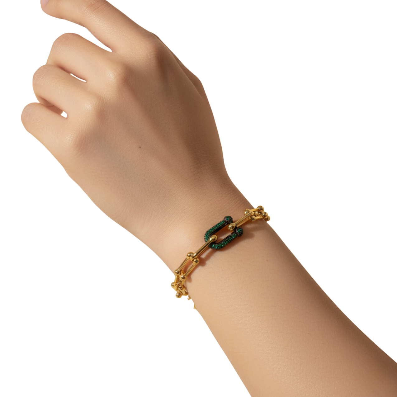 Conjunto de Cadena de Eslabones con Circonitas Verdes (Collar, Pulsera y Pendientes) - 100% Acero Bañado en Oro 18K