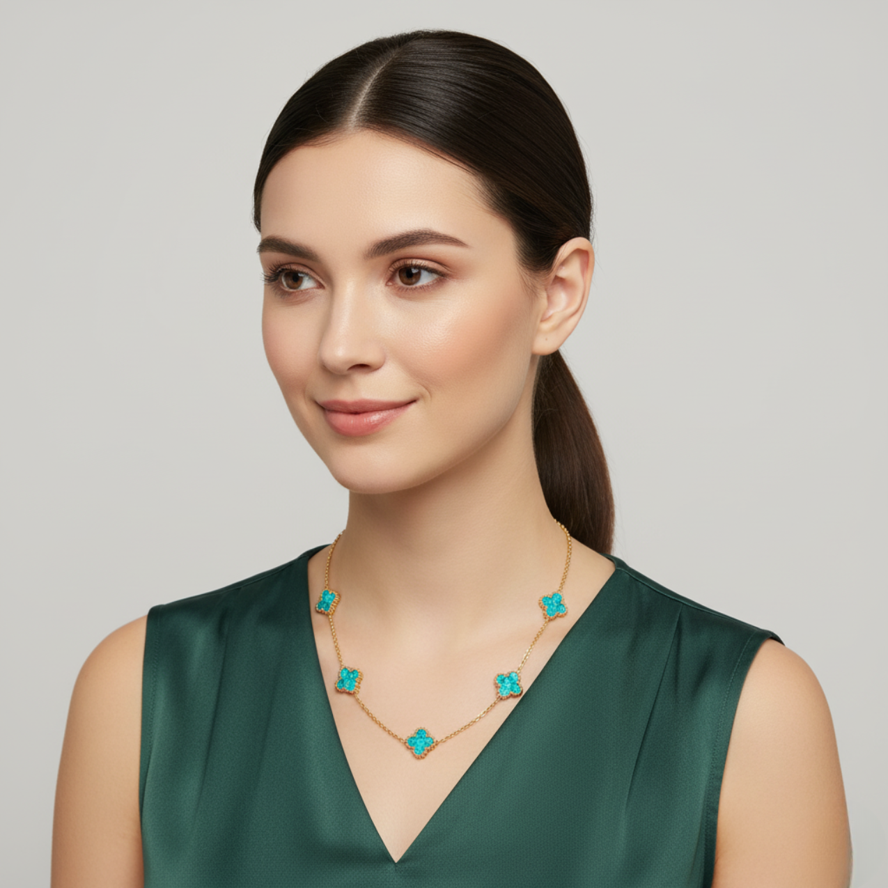 Conjunto Completo de Tréboles Esmaltados Turquesa Jaspeado (Collar, Pendientes, Pulsera y Anillo) - 100% Acero Bañado en Oro 18K