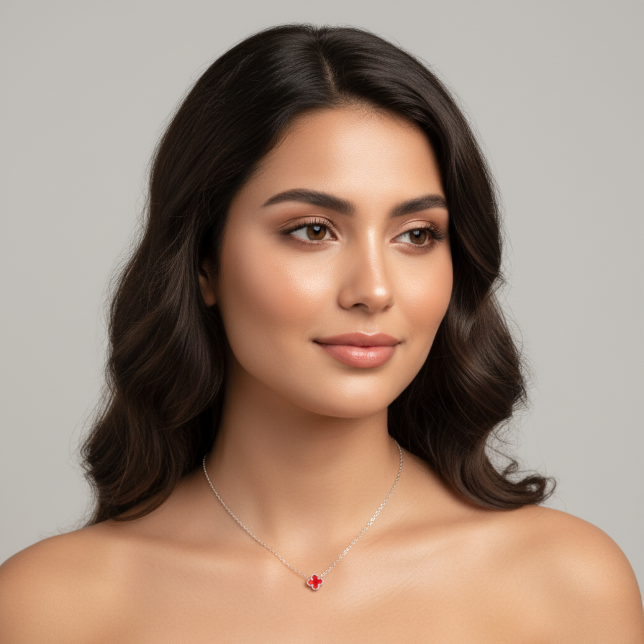 Conjunto de Joyería Trébol Rojo 100% Acero Inoxidable Color Plata