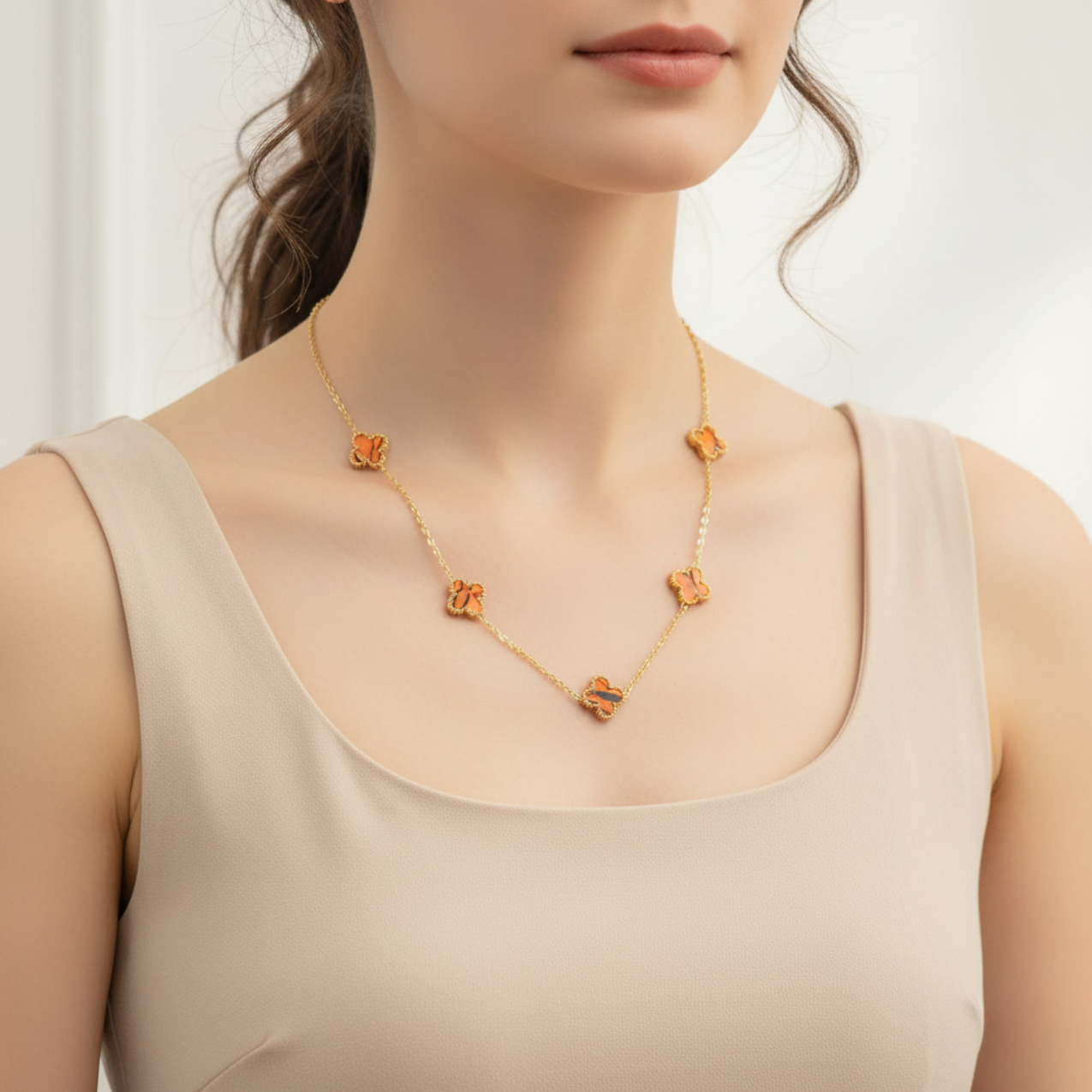 Conjunto de Joyería Trébol Naranja Mármol 100% Acero Bañado en Oro 18K