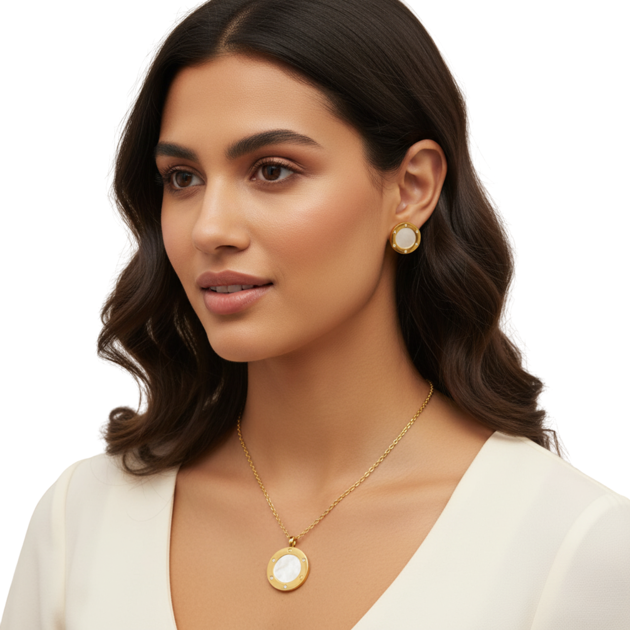 Conjunto de Collar y Pendientes Redondos 100% Acero Bañado en Oro 18K