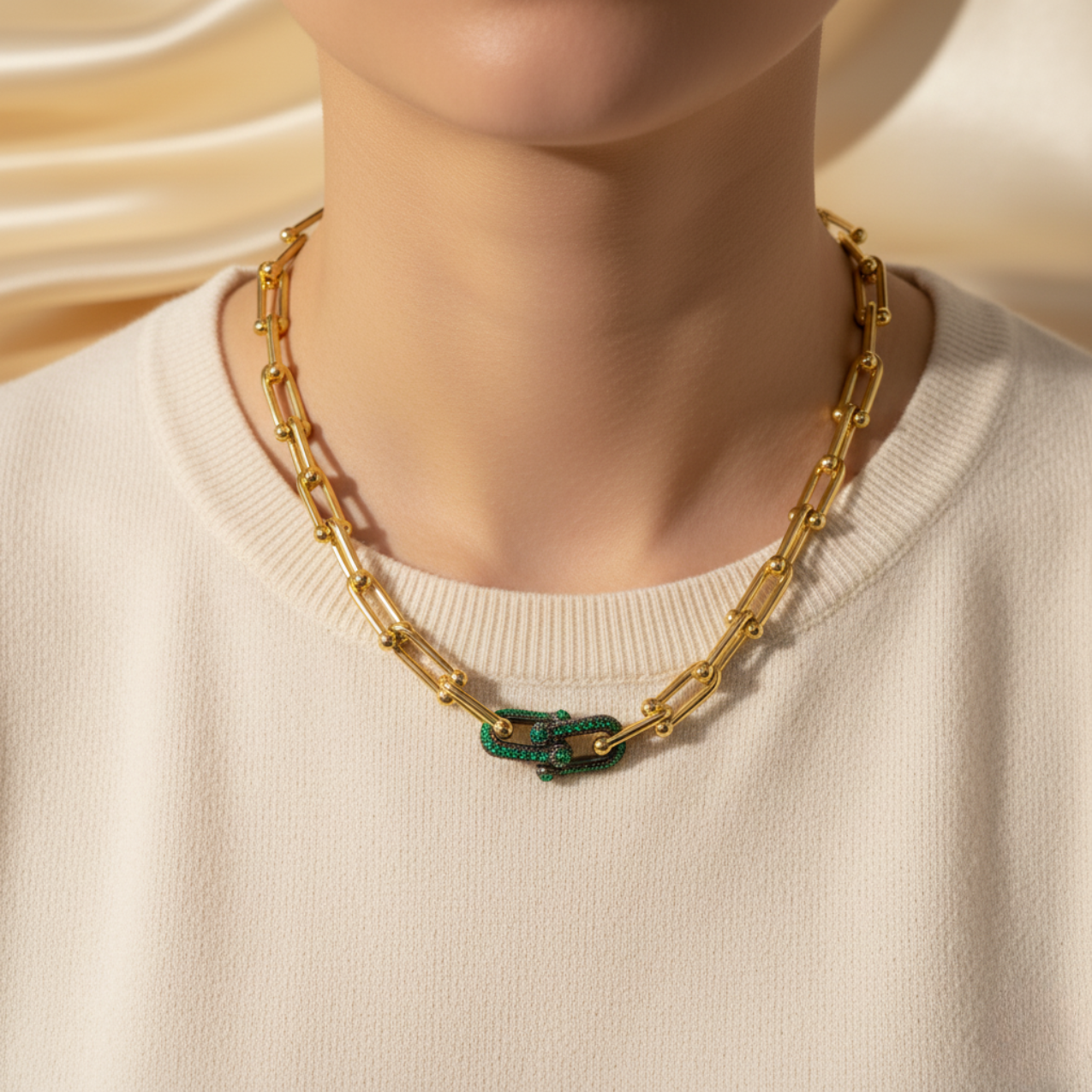 Conjunto de Cadena de Eslabones con Circonitas Verdes (Collar, Pulsera y Pendientes) - 100% Acero Bañado en Oro 18K